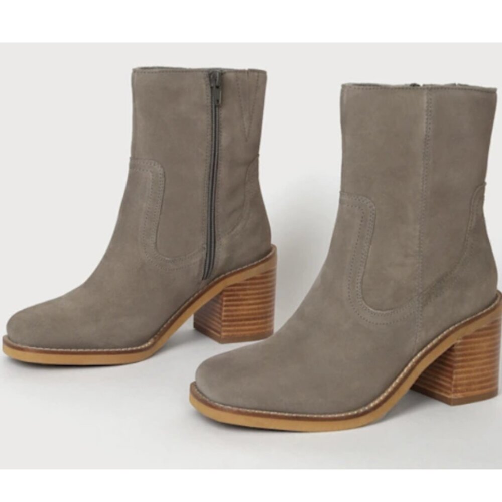 Seychelles Turbulent Taupe Suede Leather Square Toe Mid-Calf Boots, Size 10, NEW